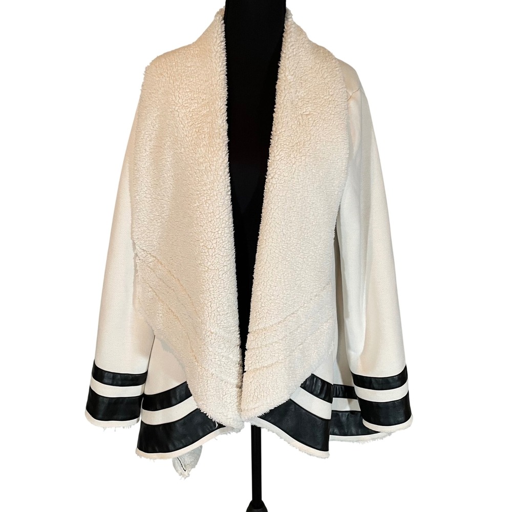 Venus White Faux Shearling Open Front Jacket Black Faux Leather Trim Medium